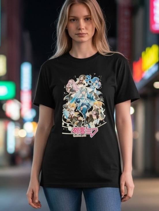 Hatsune Miku Tops - Black Graphic Anime Tee with Pastel Character Art- Hatsune Miku